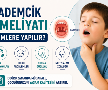 Bademcik ameliyatı kimlere yapılır, sık enfeksiyon, uyku problemleri ve nefes alma zorluğunu özetleyen bilgilendirici görsel
