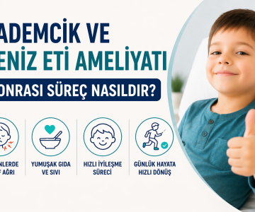 Bademcik ve geniz eti ameliyatı sonrası iyileşme süreci, ağrı azalması ve günlük yaşama dönüş aşamalarını gösteren bilgilendirici görsel