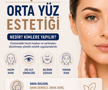 Orta yüz estetiği nedir, elmacık kemiği hacim kaybı ve göz altı çöküklüğünü özetleyen bilgilendirici görsel