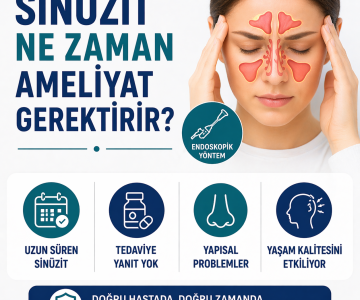 Sinüzit ne zaman ameliyat gerektirir, kronik sinüzit ve tedaviye dirençli durumları özetleyen görsel