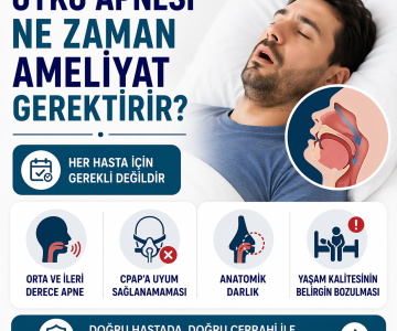 Uyku apnesi ne zaman ameliyat gerektirir, ileri derece apne ve tedavi seçeneklerini özetleyen görsel