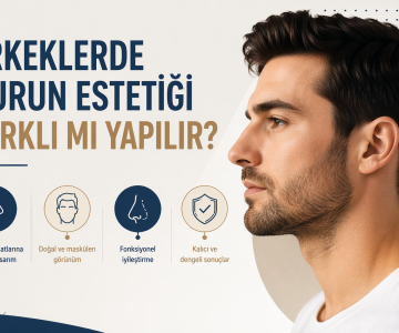 Erkeklerde burun estetiği farklı mı yapılır, maskülen yüz hatlarına uygun burun tasarımı ve fonksiyonel iyileşmeyi vurgulayan bilgilendirici görsel